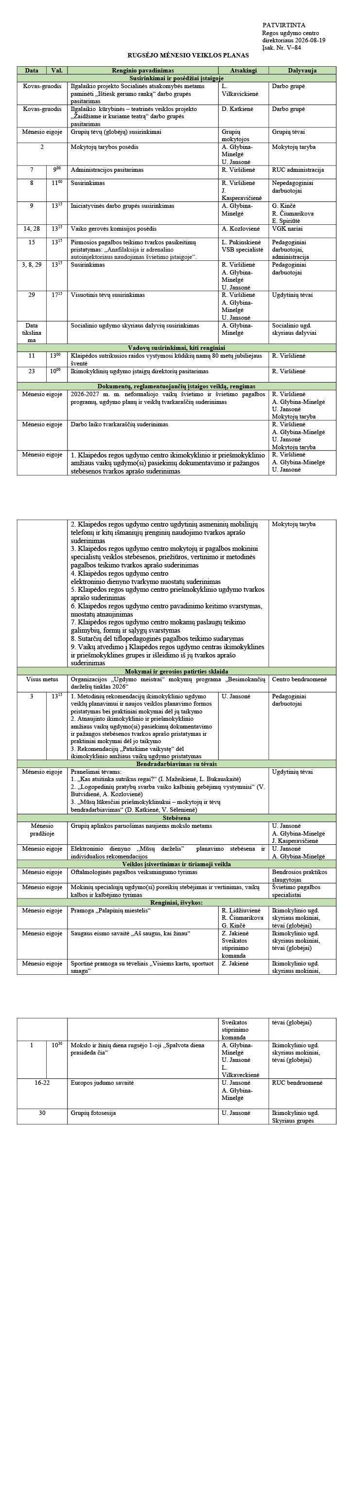 spalio men veiklos planas